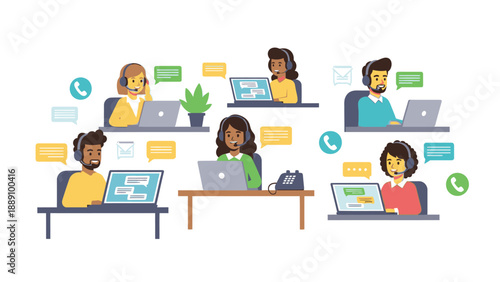 Illustration of a diverse group of people working on laptops in a collaborative office setting with speech bubbles, conveying a sense of teamwork and communication.