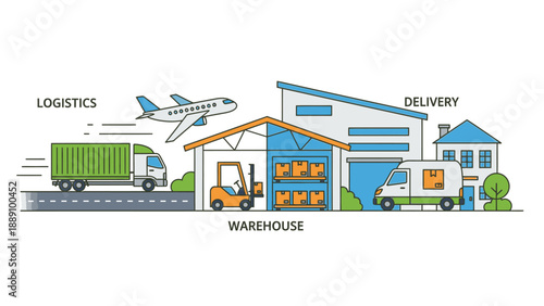 Illustration of logistics and delivery process with warehouse, truck, airplane, and forklift on a white background with blue and orange accents.