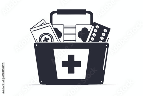 Stylized first aid kit with tablets, bandages and medical supplies is isolated