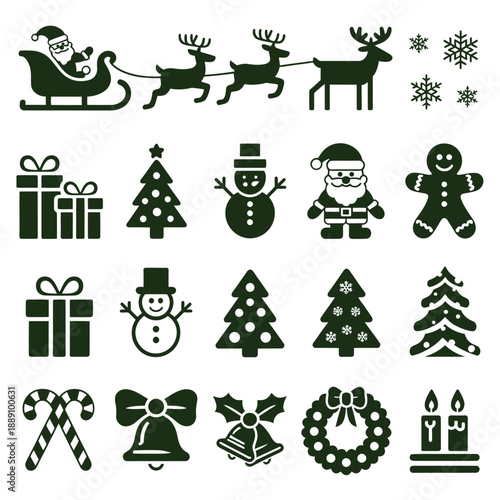 Festive christmas icons including santa reindeer gifts and winter decorations
