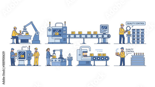 Flat illustration of industrial workers operating various manufacturing machines and equipment in a factory setting with a blue and yellow color scheme.