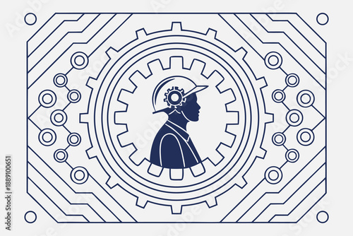 A minimalist composition featuring a dark blue curved line and a circle against a light gray background displaying abstract shapes