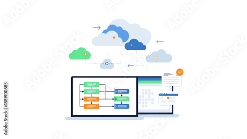 Flat lay of a laptop with cloud computing and data flow graphics on the screen against a clean white background with a technological and innovative mood.