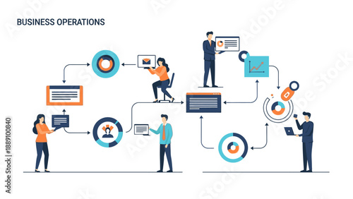 Infographic illustration of business operations with people interacting with various digital elements and data visualization on a white background.