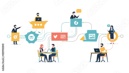 Flat lay illustration of business professionals interacting with social media and communication icons in a colorful, shallow focus composition.