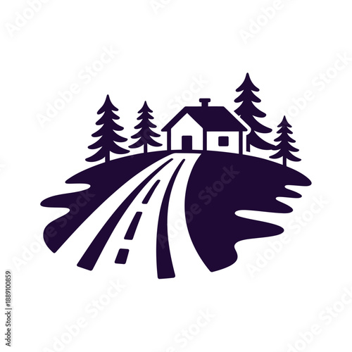 Simple illustration of a house road and evergreen trees on a hill