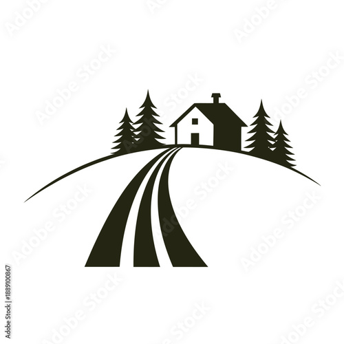 Simple illustration of a house on a hill with surrounding trees
