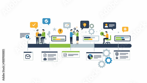 Flat lay illustration of businesspeople working with various digital devices and icons on a colorful graphic design with a modern and professional mood.