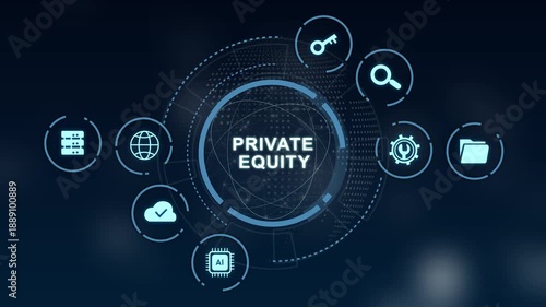 Business, Technology, Internet and network concept. Young businessman shows the word on the virtual display of the future: private equity