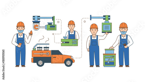 Illustration of four workers in orange hard hats and blue overalls interacting with industrial equipment and an orange truck in a process flow diagram.