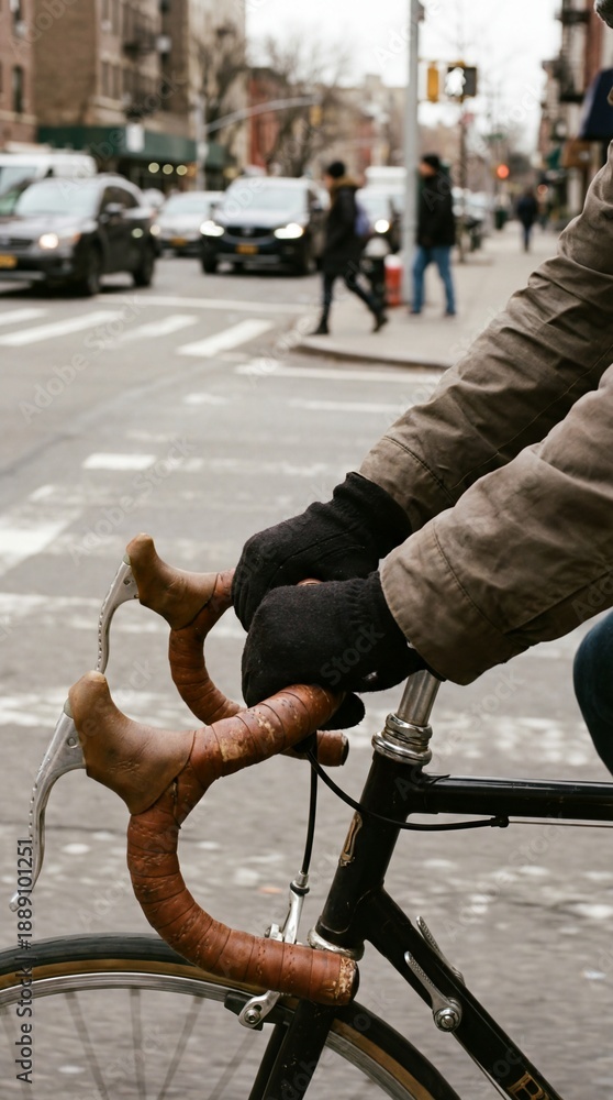 Obraz premium The image encapsulates the dynamic energy of urban cycling, offering a close-up perspective of the handlebars and gloved hands of a cyclist navigating a bustling city street.