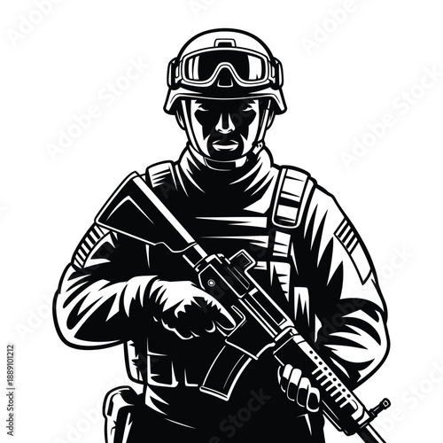 A stylized black and white illustration of a soldier with a rifle