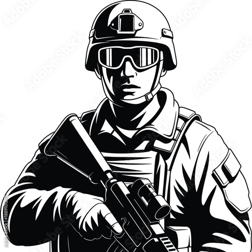 A black and white illustration of a soldier wearing tactical gear