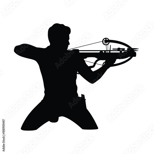 Silhouette of an archer aiming a crossbow with focused intensity