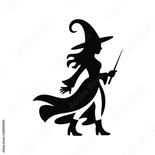 Silhouette of a witch holding a wand facing towards the right