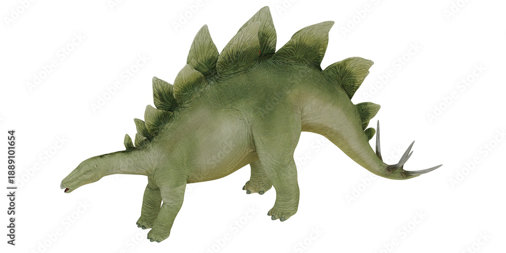 Fototapeta premium Green plastic stegosaurus toy on white background.