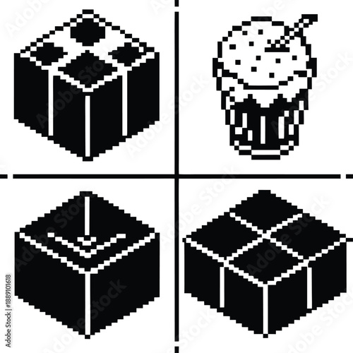 Pixel Art 1-Bit Isometric Box and Inventory Item Icons