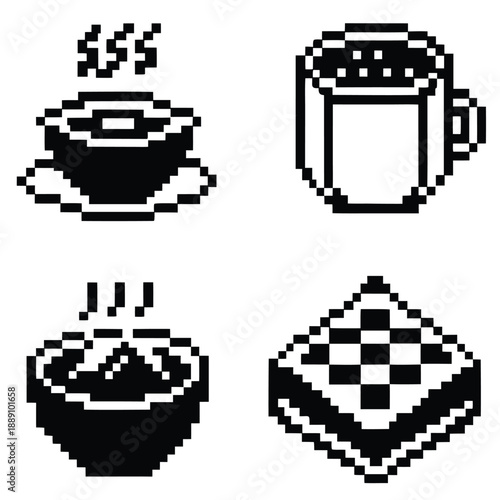 Pixel Art 1-Bit Coffee Cup and Tea Mug Icons