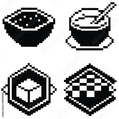 Pixel Art 1-Bit Hot Soup and Meal Bowl Icons