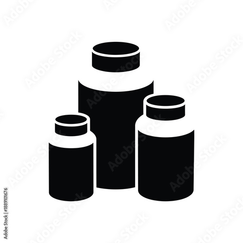 Black silhouette illustration of three different sized pill bottles