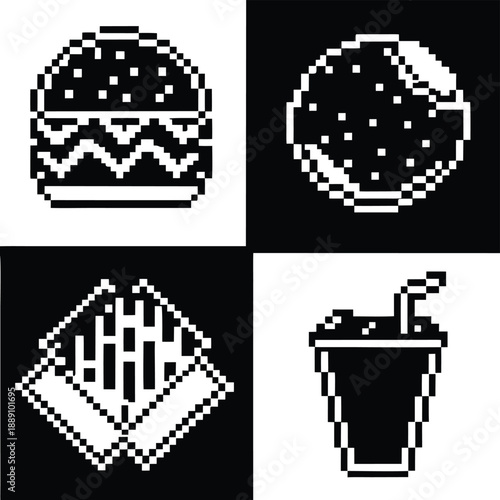 Pixel Art 1-Bit Fast Food Burger Cookie and Drink Icons