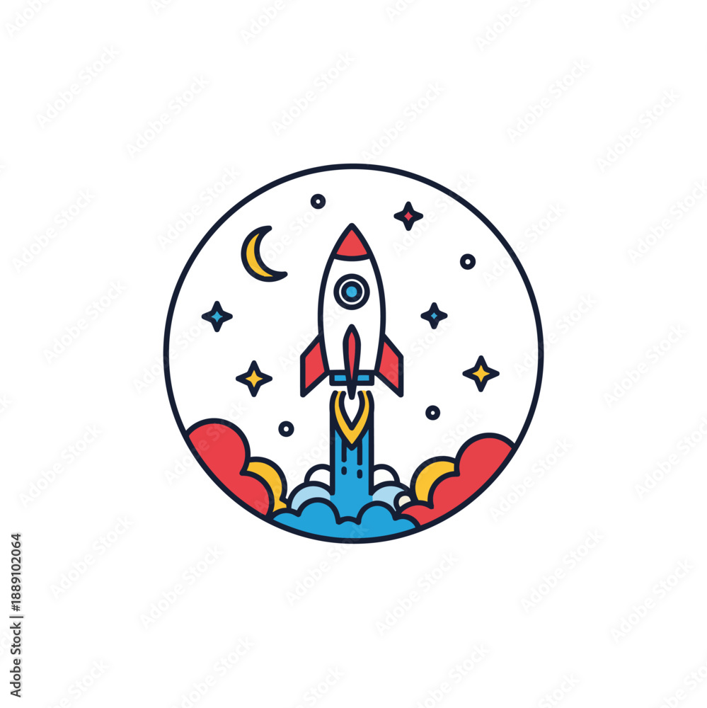 Fototapeta premium A vibrant flat design illustration depicting a red and white rocket launching into a starry night sky with a crescent moon and stylized clouds.