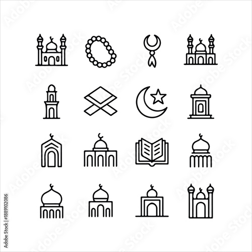 Islamic Religious Icon Set in Flat Style Mosque, Tasbih, Quran