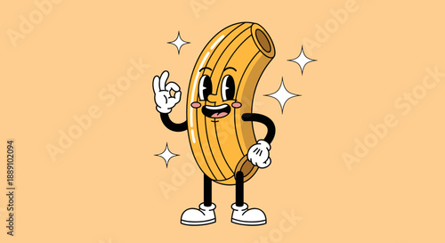 Happy Pasta Cartoon Character Giving an Okay Sign on Beige Background with Sparkles: A delightful food mascot illustration suitable for kids' menus, culinary designs, and vintage-i.