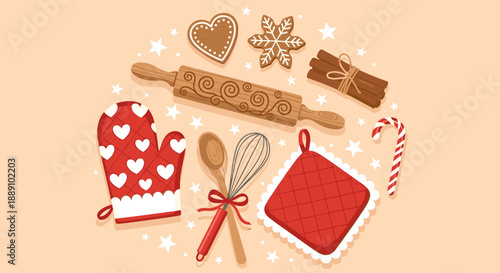Festive Baking Essentials Arranged Creatively: Rolling Pin, Mitt, Candies, and Spices for Culinary Arts, Holiday Treats, and Christmas Baking Projects Showcasing Sweet Treats and W.