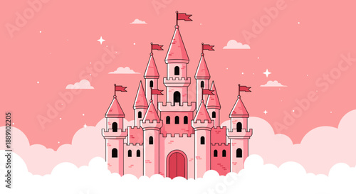 Whimsical fairytale castle illustration rising above fluffy clouds on a dreamy pink sky, perfect for children's books, creative marketing, fantasy illustrations, and magical advent.