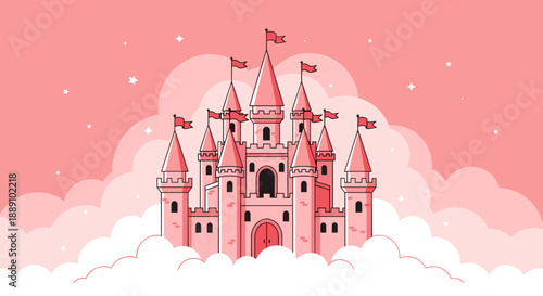 Dreamy fairytale castle illustration floating among fluffy clouds in the sky evokes fantasy, imagination, and magic for children's books, whimsical designs, and creative projects i.