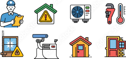 Home inspection professional, house with caution sign, air conditioning unit, pipe wrench, thermometer, window inspection, security camera, locked house, garage door