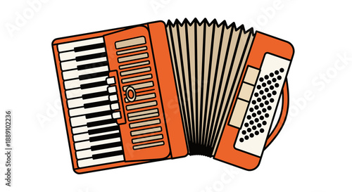 Orange Accordion Music Instrument Playing for Folk Celebration and Entertainment, Traditional Musical Equipment, Isolated Vintage Squeezebox for Concert Performance, Festival, Orch.