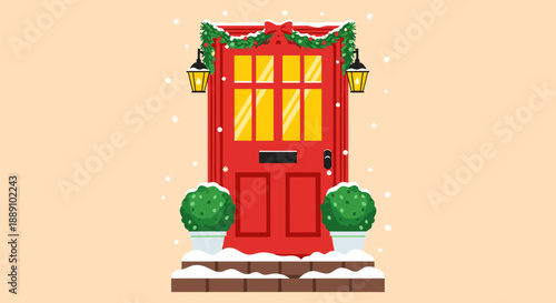 Festive Red Door Decorated for Christmas Welcomes Guests with Holiday Cheer, Featuring Evergreen Garland, Lanterns, Snow, and Green Topiary Bushes for a Warm Winter Season Ambiance