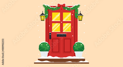 Festive red door decorated with Christmas garland and lights creates a welcoming holiday season scene for seasonal home decor, festive celebrations, and wintertime invitations.