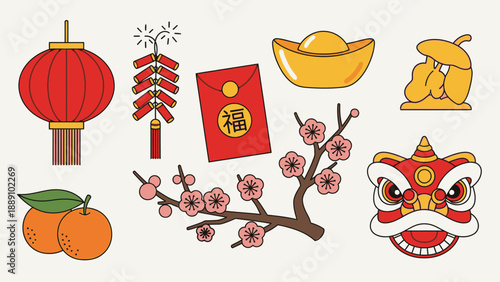 Festive Elements: A vibrant collection of classic symbols celebrating cultural traditions, evoking the spirit of joy and the anticipation of new beginnings.