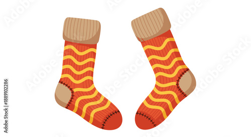 Cozy pair of knitted wool socks with yellow stripes evoke a festive holiday feeling perfect for winter fashion, comfy warmth, seasonal gifts, holiday decorations, textile designs,.