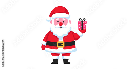 Cheerful Santa Claus holding a present in festive celebration with rosy cheeks and holiday cheer, wearing traditional red suit and hat, expressing joy, Christmas greetings for mark.
