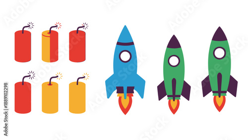 Innovation Sparks and Rockets' Ascent: A collection of vibrant dynamite and sleek rockets, symbolizing creative bursts and the journey toward ambitious goals.