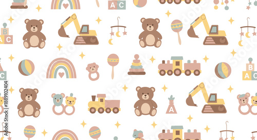 Playful Baby Toys Seamless Pattern Design Featuring Teddy Bears, Trains, Rainbows, and Blocks, Ideal for Nursery Decor, Textile Prints, Wallpaper, and Children's Products Creating.