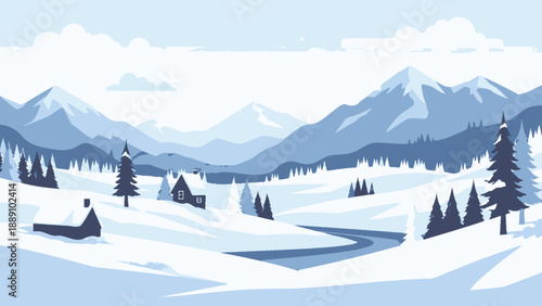 Winter Wonderland Scene: A serene winter scene unfolds, showcasing snow-covered mountains, evergreen trees, and quaint cabins. A tranquil river weaves through the landscape.