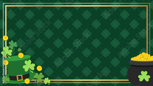 Saint Patrick's Day Celebration Border with Lucky Charm Elements. Green Argyle Texture with Hat and Coins
