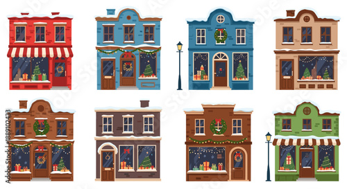 Festive Christmas Village Buildings with Decorated Storefronts showcase the holiday season's charm and appeal, creating a cozy winter wonderland for holiday advertising, seasonal d.