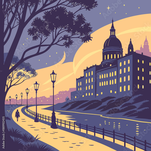 Evening stroll by the illuminated cathedral