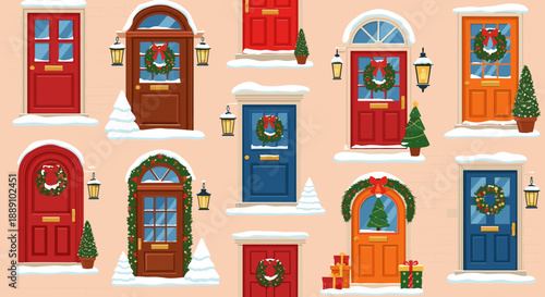Festive doors adorned with Christmas wreaths, garlands, and holiday decorations create a warm, welcoming winter scene perfect for cards, invitations, and seasonal promotions featur.