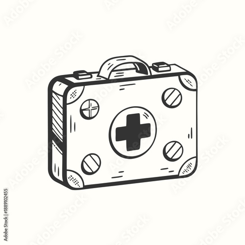 Stylized white box with dark red medical cross shows health and assistance symbol