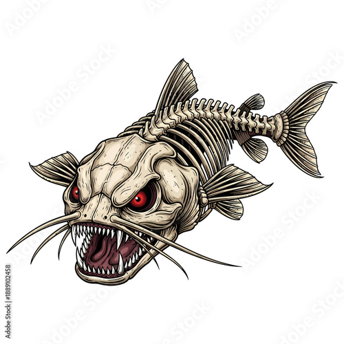 Skeleton catfish with red eyes and sharp teeth on white background for tattoo or mascot design