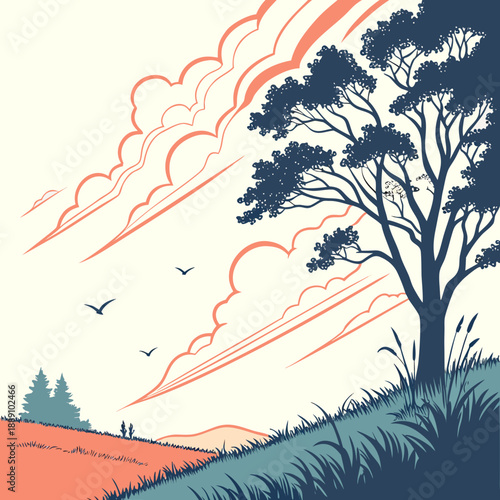 Serene sunset over rolling hills