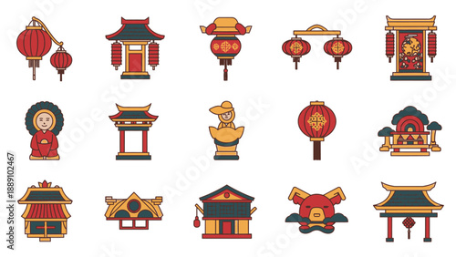 Chinese Cultural Iconography: A collection of various traditional Chinese elements, icons, and symbols. Perfect for cultural or travel content.