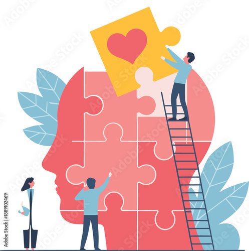 Mental health awareness and psychology concept with people fitting puzzle pieces into a human head for emotional balance and professional therapy